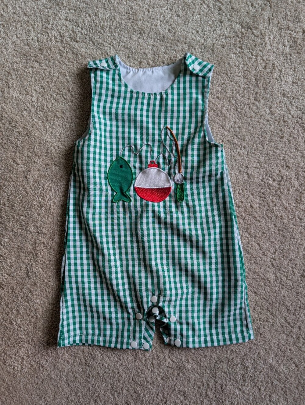6-12 Month Green Gingham Fishing Appliqué Boys Romper Shortalls